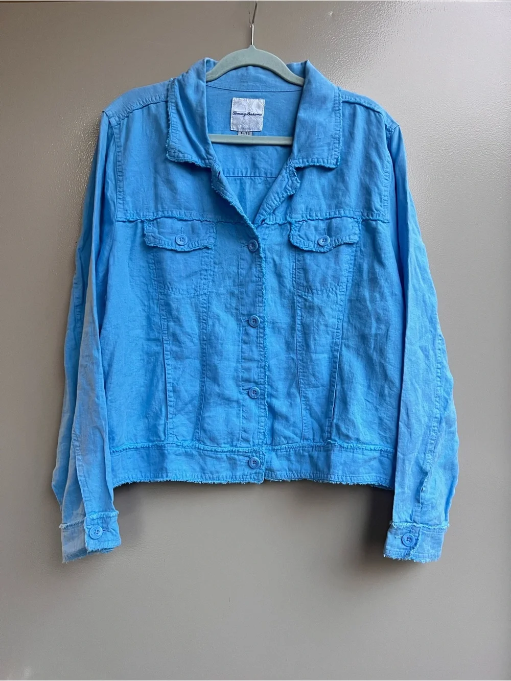Tommy Bahama XL 100% Linen Blue Frayed Quiet Chic Coastal Jacket Casual Travel
